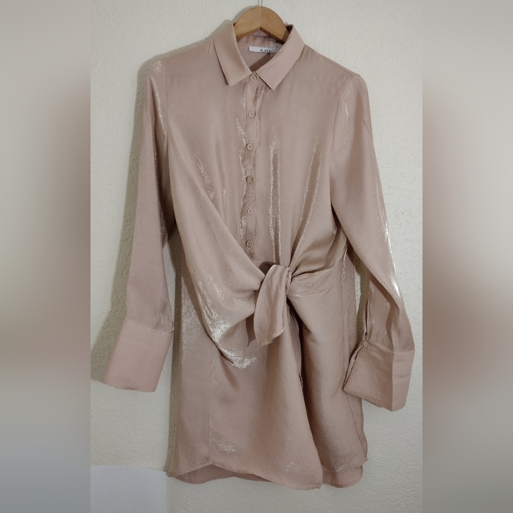 ESSUE Pink Button Down Wrap Front Dress
